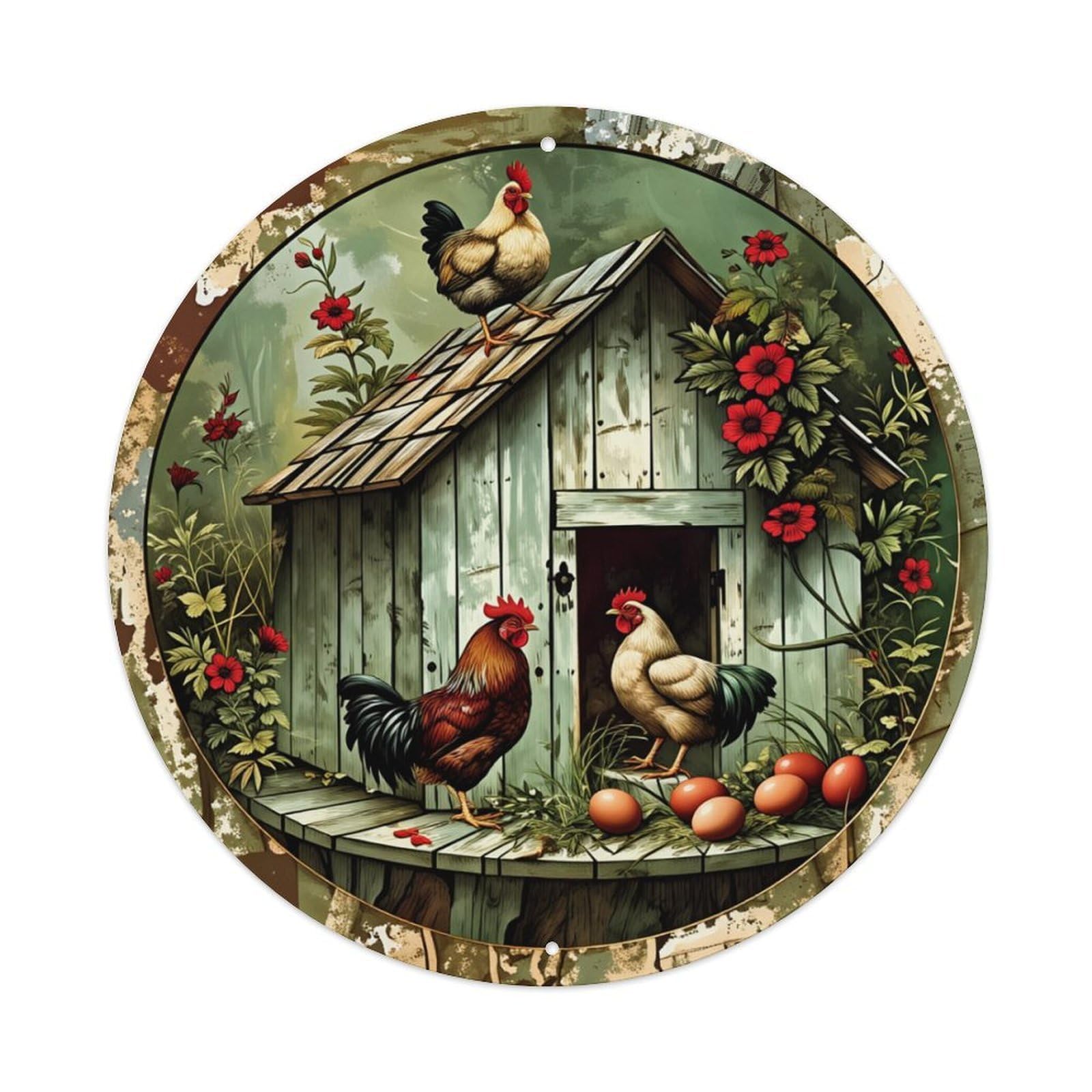 Chicken Coop Floral Rustic Scene Round Tin Sign Retro Metal Sign for Cafe Bar Pub Home Game Room Gym Club Wall Decoration Vintage Metal Poster 8x8 Inch