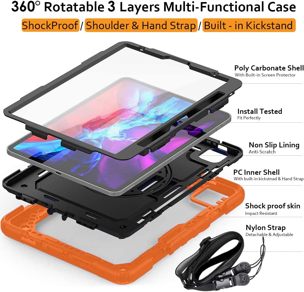 DuraSafe Cases for iPad PRO 12.9 3/4 / 5/6 [iPad Pro 12.9 6th 2022 5th 2021 4th 2020 3rd 2018 ] A2436 A2764 A2437 A2378 A2461 A2379 A1876 A2014 A1895 A2229 A2069 A2232 Kick Stand Rugged Case - Orange