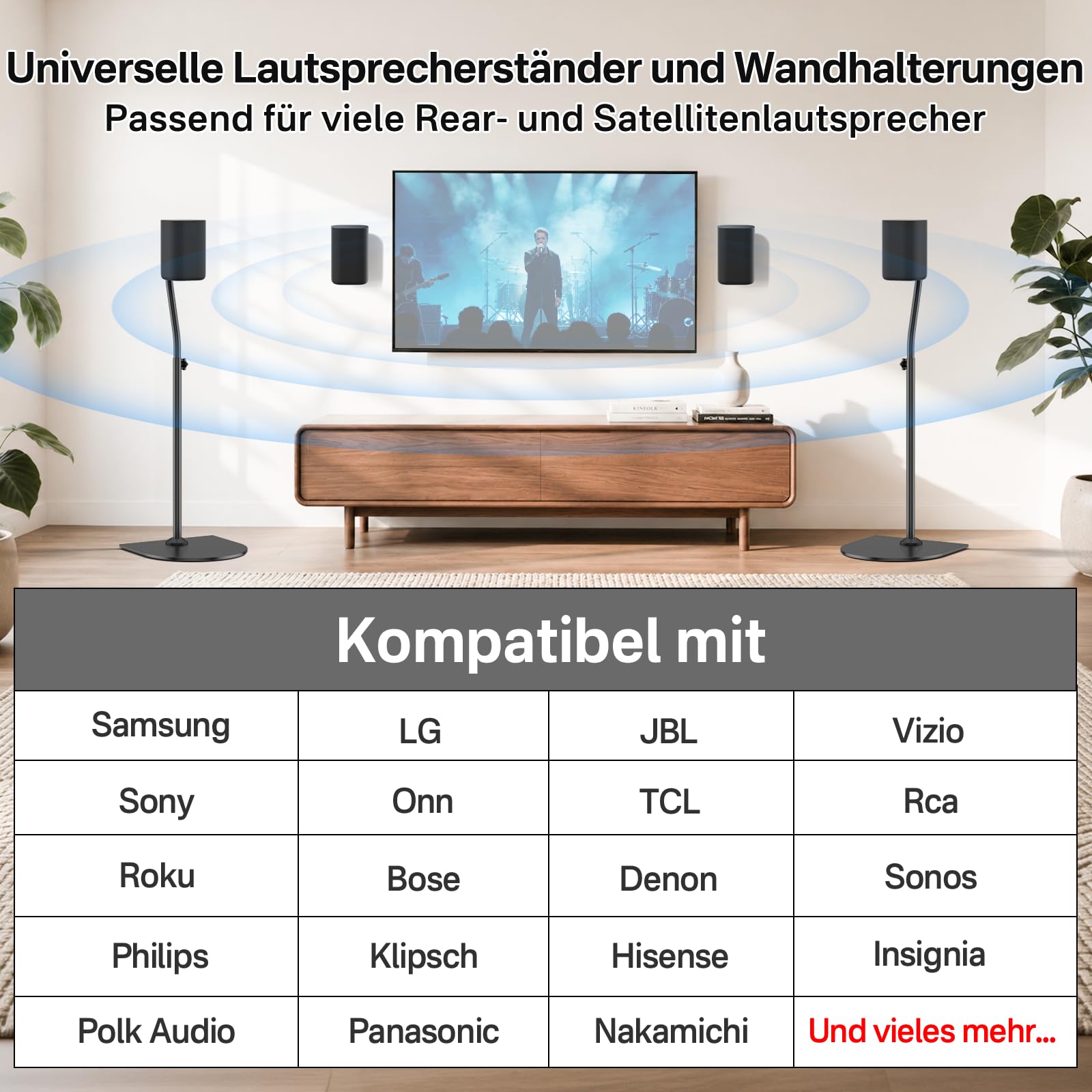 Coppia di Supporti per Altoparlanti Universali, regolabili in altezza da 84–106 cm, con Supporto da Parete per Samsung, Vizio, Bose, LG, Roku posteriori e surround