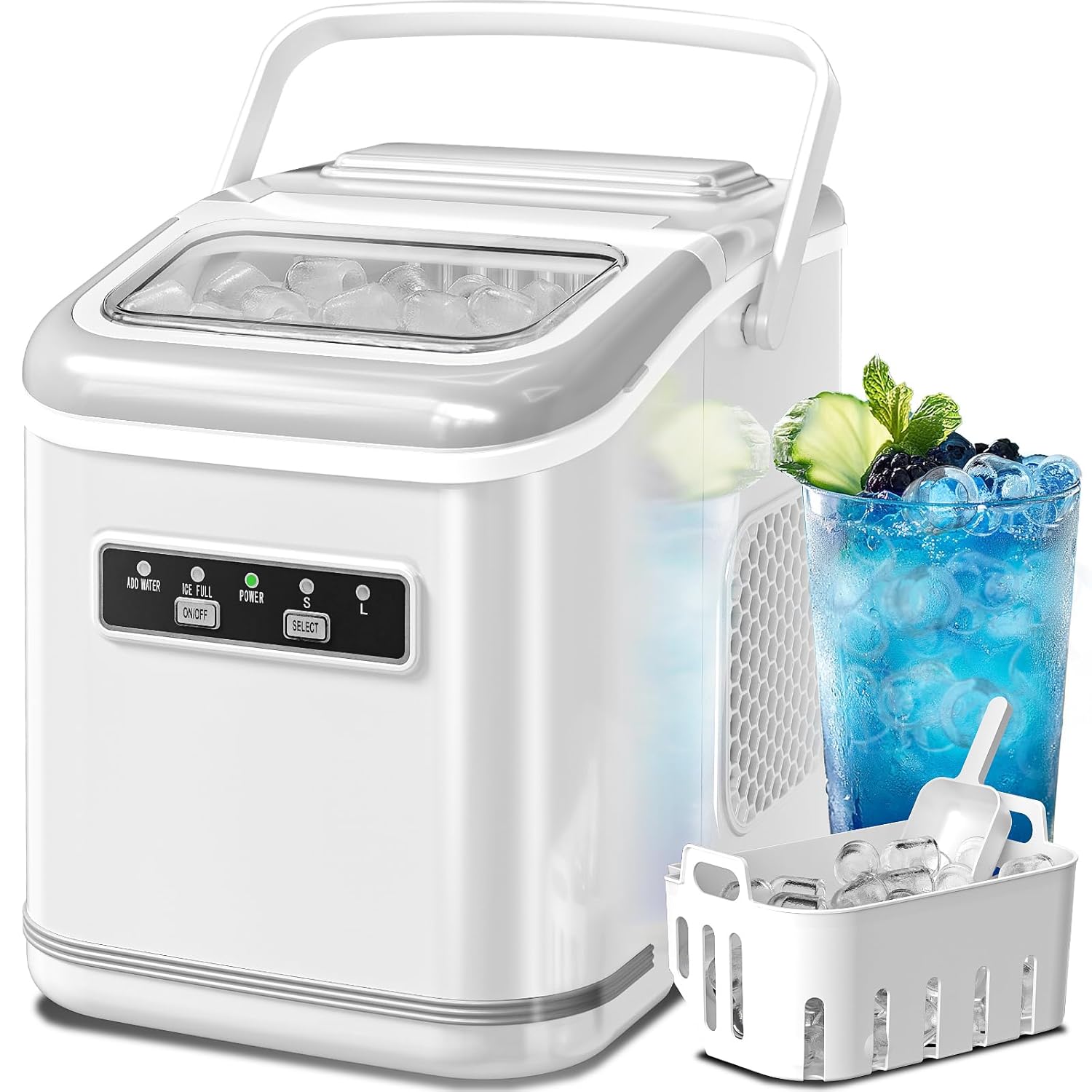 Electactic Ice Maker Machine with ice basket and scoop, and a glass of iced beverage