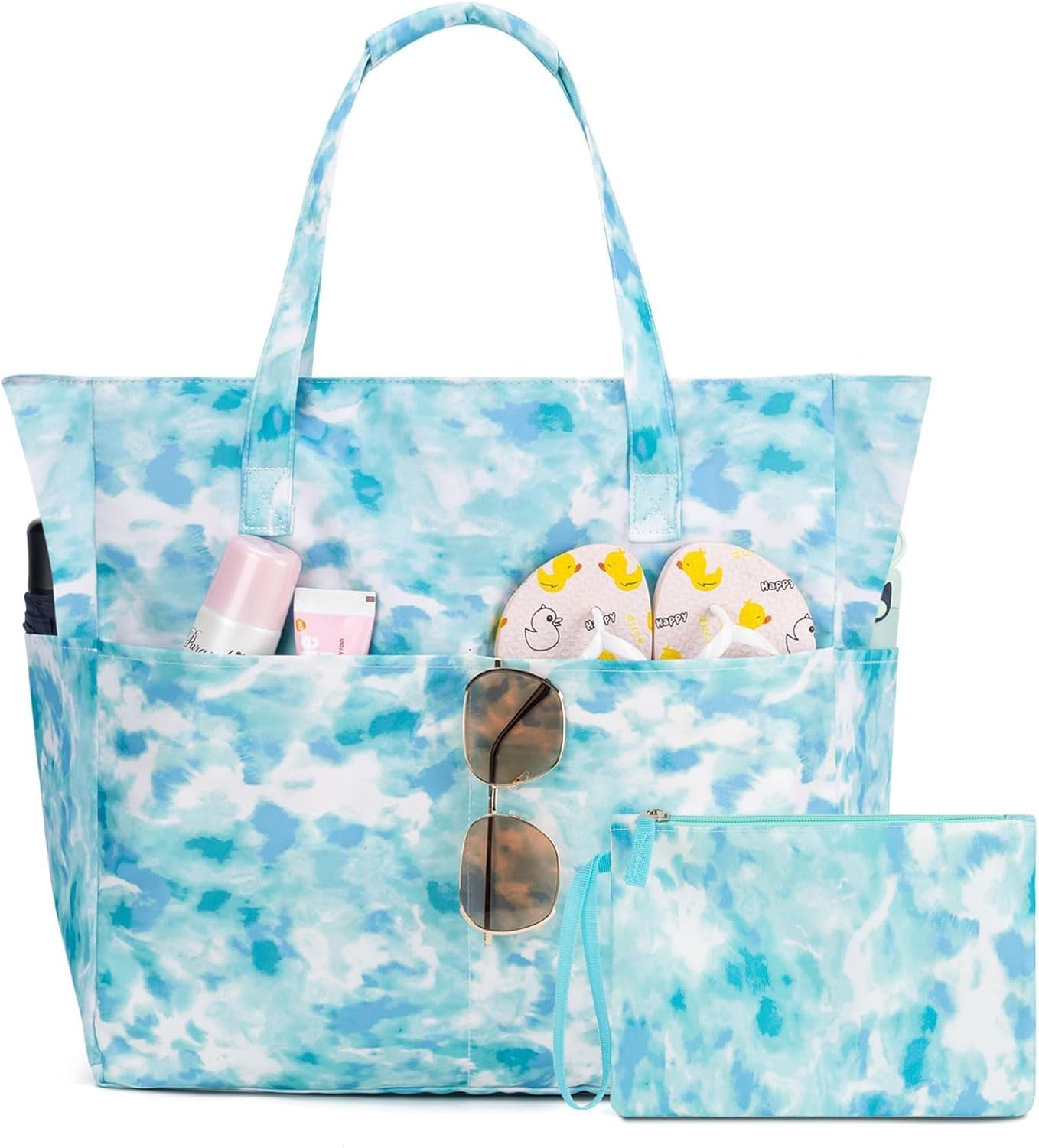 hirta Gab Tote Bag for Women Office Work Multipurpose Shoulder Bag with Zipper Pouch Teacher Travel Grocery Beach Hobo Bag Waterproof Sandproof Lightweight Pool Bag (Tie-Dye Light Blue)-picture-12