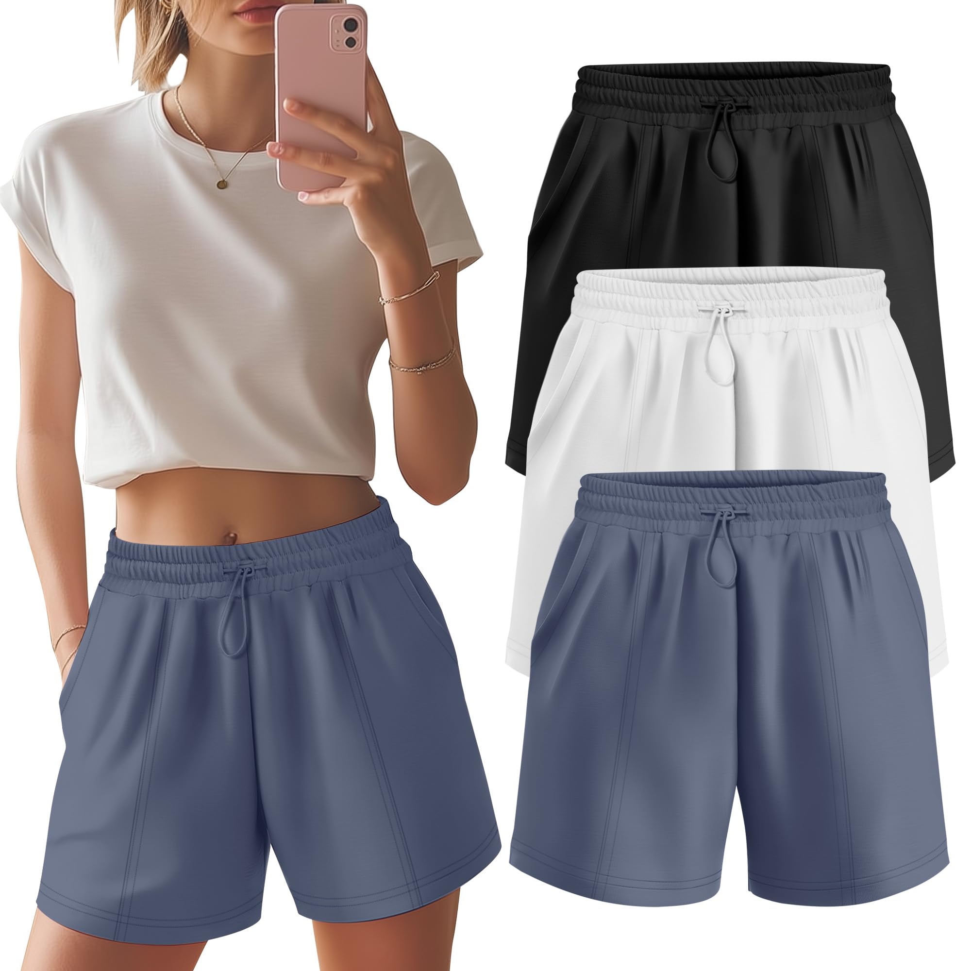 Neer 3 Pack Women's Sweat Shorts High Waist Casual Summer Athletic Adjustable Shockcord Lounge Sweatpants with Pockets