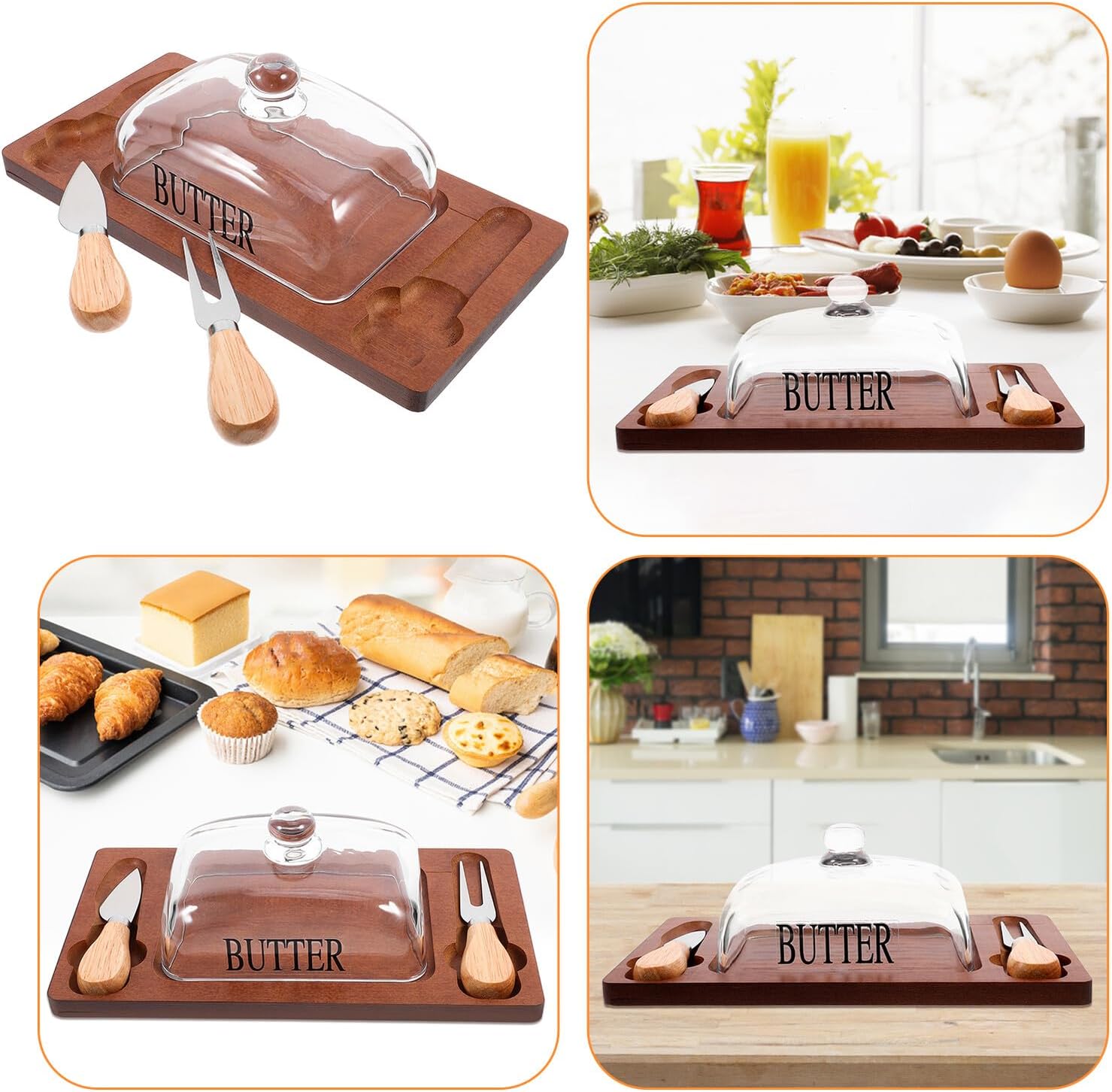 Butter Dish with Lid and Double Blade Set Large Brown Butter Storage Box with Tray for Refrigerator and Kitchen Use