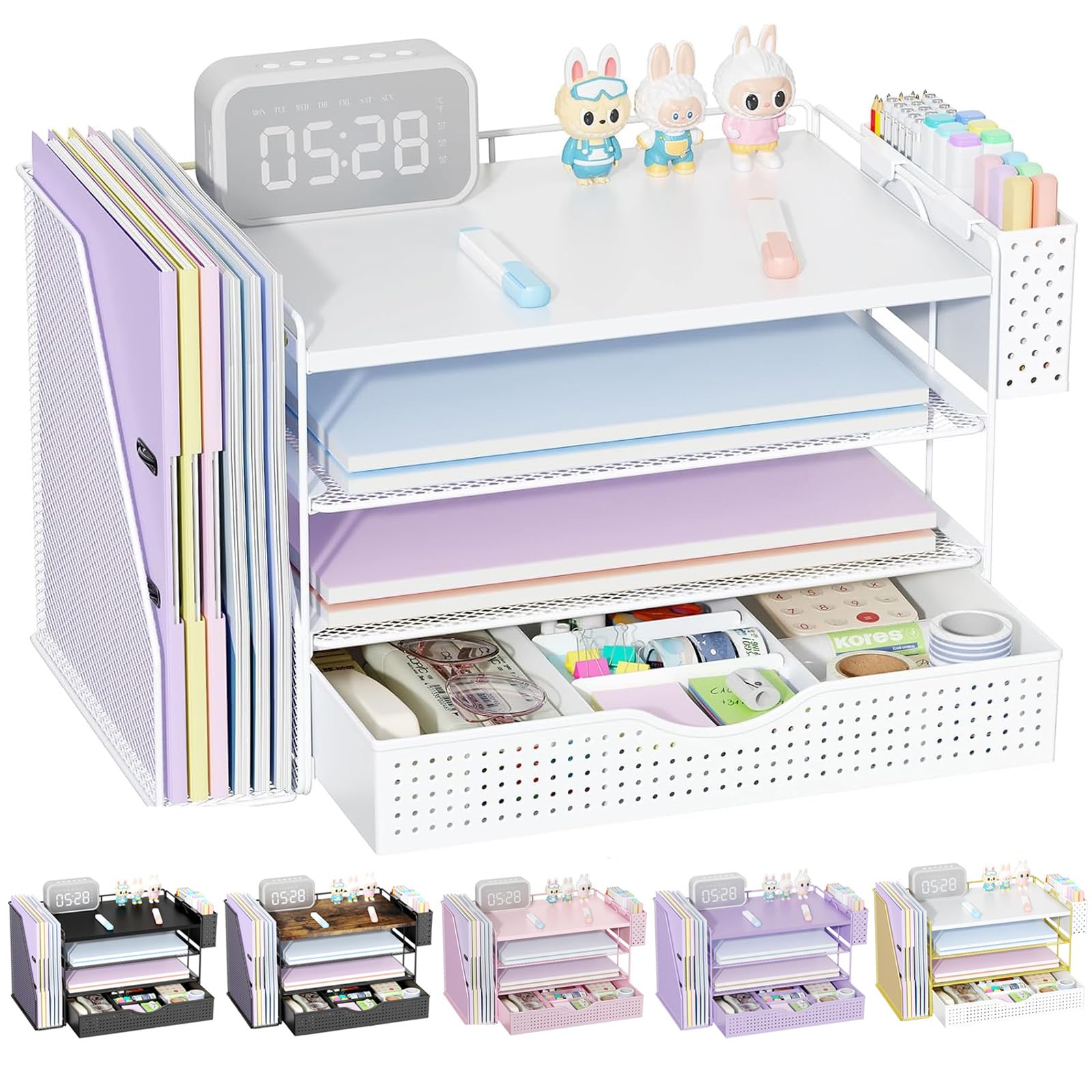 White 4-Tier Wood Desk Organizer with Drawer