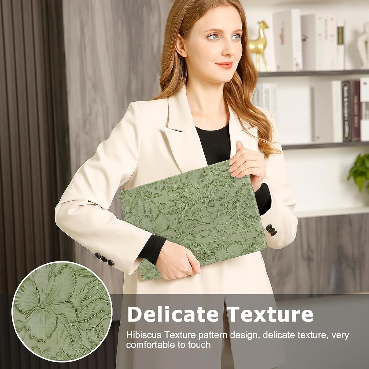 MOSISO Compatible with MacBook Pro 13 inch Case 2026, 2025-2016 M2 M1 A2338 A2251 A2289 A2159 A1989 A1708 A1706, Embossed Retro Hibiscus Texture PU Leather Coated Hard Case&Keyboard Cover, Green