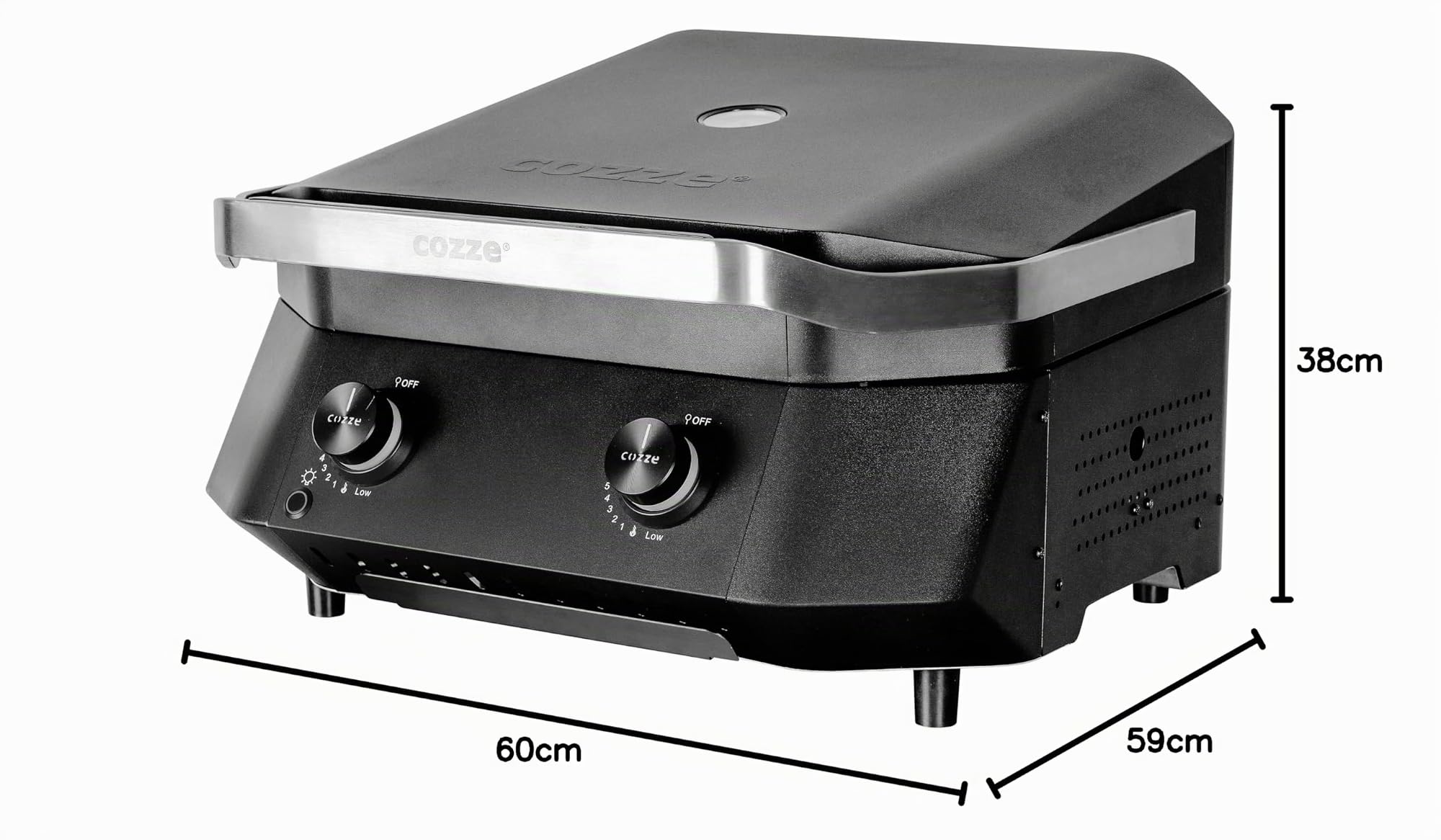 Cozze® G-500 Barbacoa de gas 5,0 kW con 2 zonas de cocción, termómetro en la tapa y mandos LED, 30 mbar, parrilla 51 x 39 cm