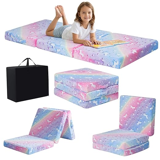 MeMoreCool Foldable Floor Mattress for Kids, Coloful Glow in The Dark Toddler Floor Nap Mat for Sleeping Daycare, Small Child Foldable Mattress Floor Bed, Trifold Futon Portable Tri Folding Mattress