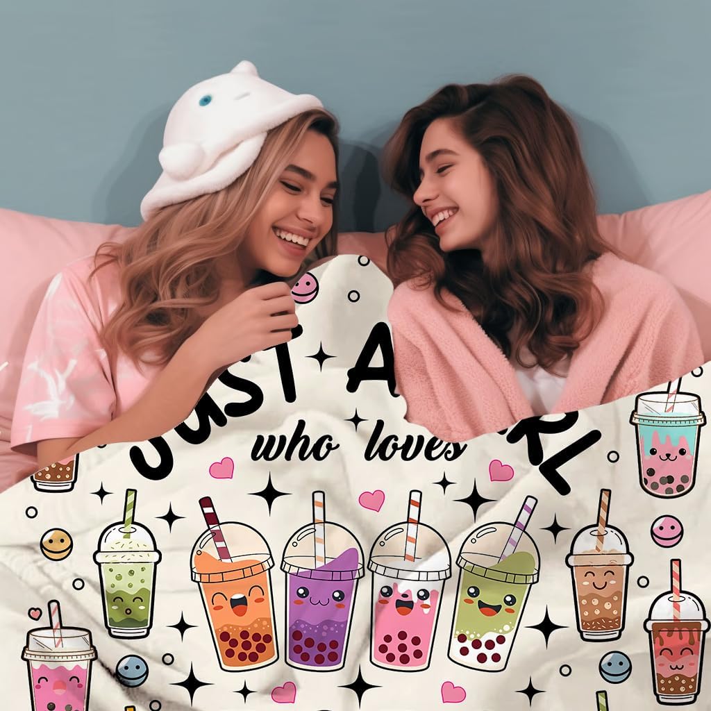 Boba Blanket Bubble Tea Gifts for Girls Teen,Funny Plush Stuff Just A Girl Who Loves Boba Drinks Throw Blankets,Bubble Tea Gifts for Kids Women 60"x50"