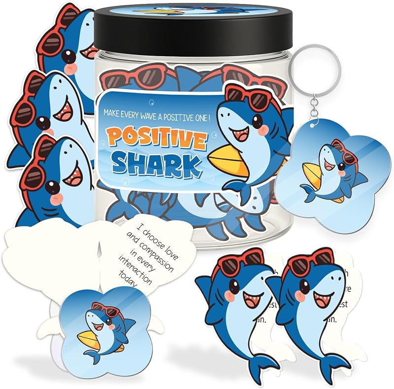 FRAGAMORY Pote com 60 Cartões de Mensagens Positivas Shark Positive, Suporte e Chaveiro