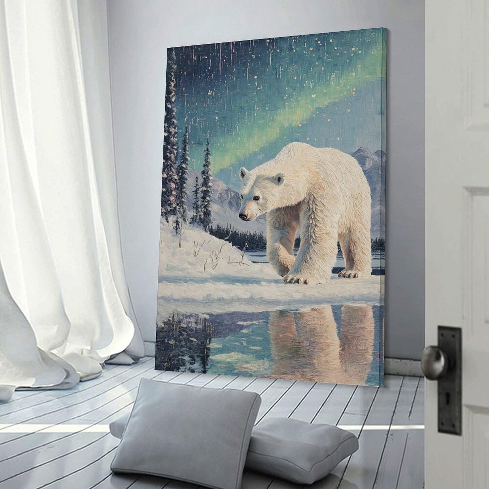 Junmoney Decorative Canvas Print Polar Bear Under Aurora Borealis, 20x30inch(50x75cm), for New Homes, Bedrooms Or Workspaces, Thoughtful Wall Decor for Art Lovers