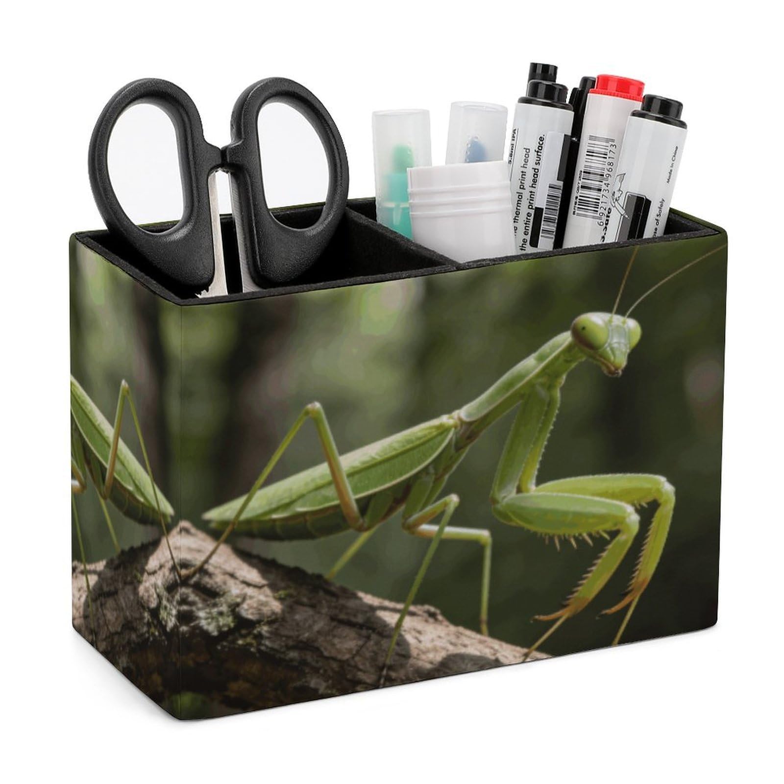 LZQPOEAS Exquisite Patterns PU Leather Pen Holder, Multifunctional Desktop Organizer Caddy with 2 Compartments, Green Blades between The Branches Pencil Cup Makeup Brush Holder for Office Home
