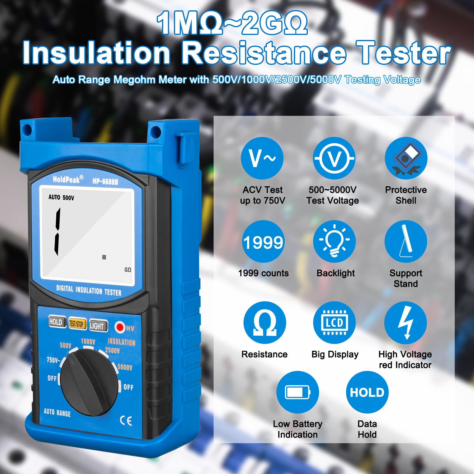 Probador de resistencia de aislamiento Megaohmímetro 1mΩ-200GΩ Voltaje de Prueba 5000V, Voltaje Multímetro AC 1V-750V Resistencia de Aislamiento Retroiluminación LCD e Indicador de Alto Voltaje