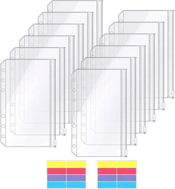 12 Pcs Cash Envelopes, A6 Binder Pockets 6 Holes PVC Zipper Folders Waterproof Zipper Loose Leaf Bags with Label Stickers for Bill Money Cash Cards