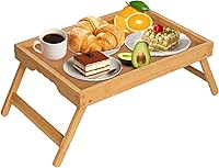 Vista 17 de Artmeer Bandeja de cama con patas plegables, desayuno de bambú en la cama para mesa de TV, bandeja de computadora portátil, comer, bandeja