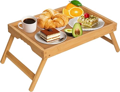 Miniatura 17 de Artmeer Bandeja de cama con patas plegables, desayuno de bambú en la cama para mesa de TV, bandeja de computadora portátil, comer, bandeja