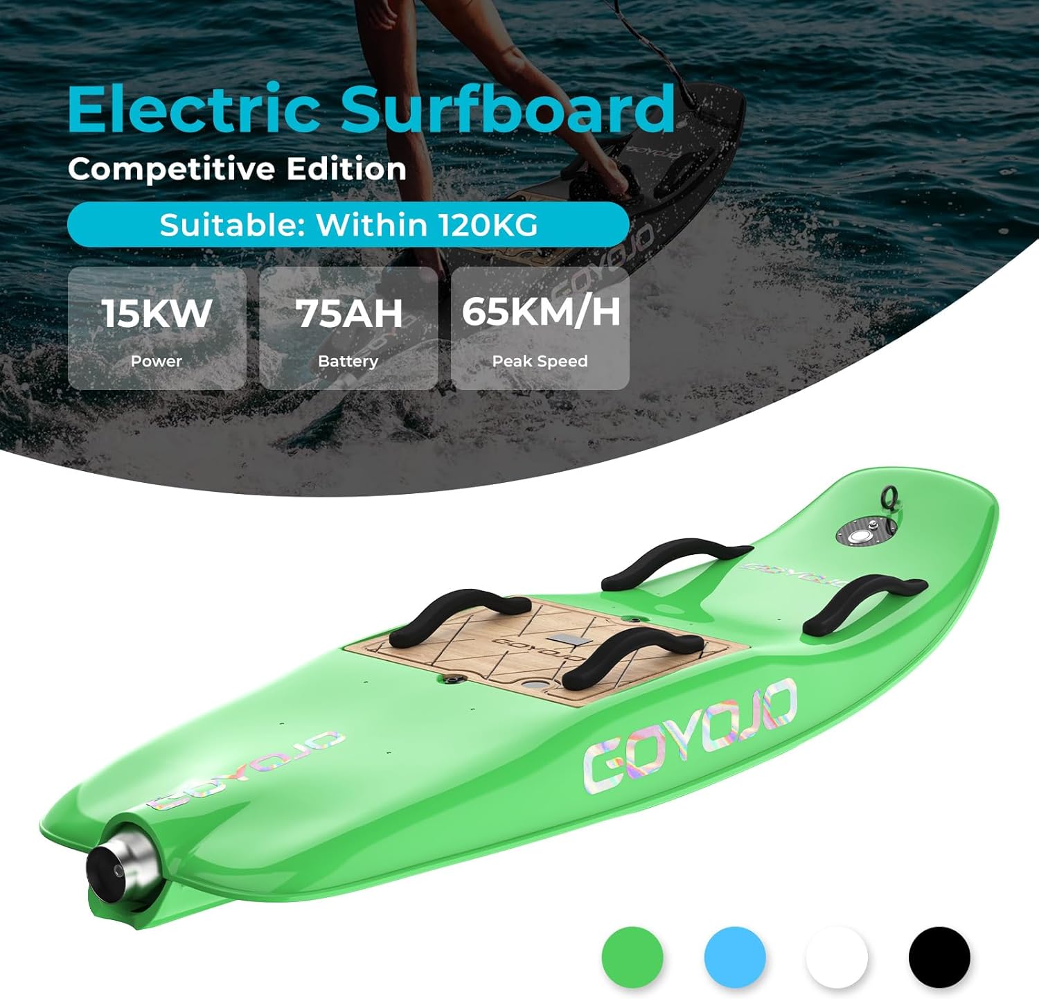 GOYOJO Electric Surfboard for Adult, Rechargeable Power Water Surfboard Longboard, MAX 55KM/H Speed, Electric Paddle Board Polymer Fiber Material (Green-Competitive Edition), Black