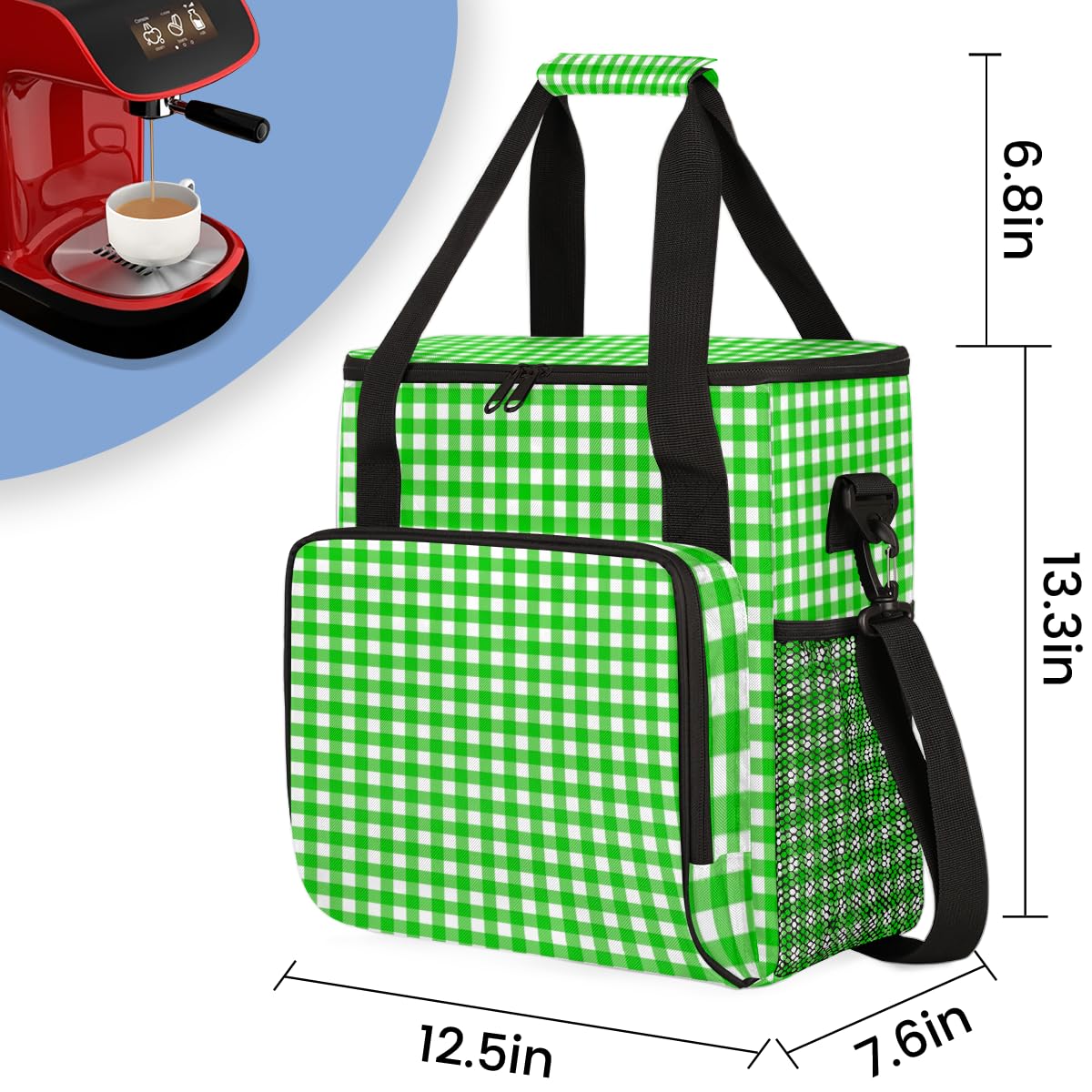 Green Plaid Coffee Maker Carrying Bag, Portable Travel Storage Tote Bag Compatible with K-Mini or K-Mini Plus, Single Serve Coffee Brewer Carrying Case with Multiple Pockets & Shoulder Strap