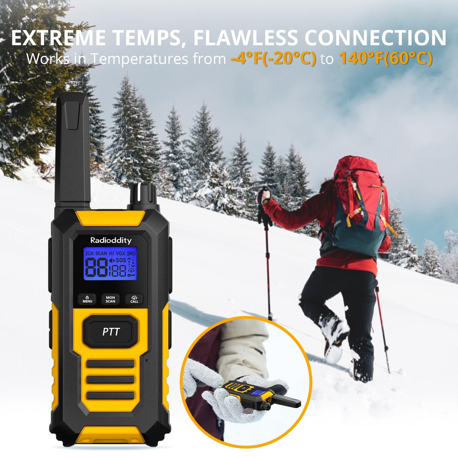 Radioddity HD-1 Talkie-Walkie IP67 étanche, Ensemble PMR Radios Robustes Longue portée, résistant à la poussière et aux Chocs, Appel de Groupe à Une Touche, SOS, Charge Via Base & USB-C (4 pièces)