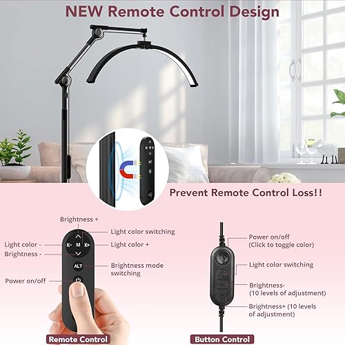 Miniatura 3 de iVict Lámpara de pie de media luna para tecnología de pestañas, tatuaje, uñas, ángulo de altura ajustable, con soporte para teléfono, rotación 360