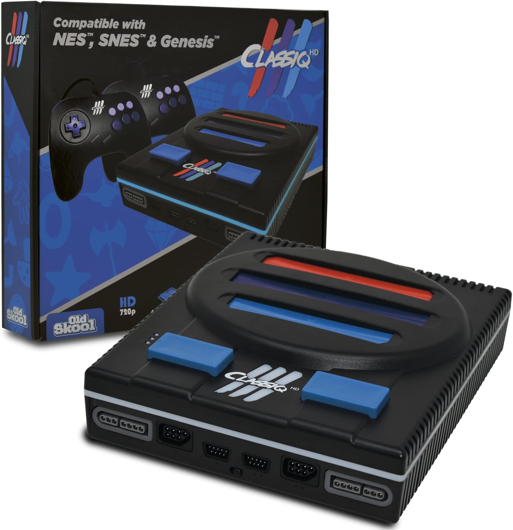 - Old Skool Classiq 3 HD 720p 3 in 1 Video Game System, Black Compatible with SNES/NES Nintendo and Super Nintendo and Sega Genesis cartridges