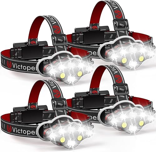 Victoper Paquete de 4 faros recargables, 8 LED de alto lumen brillante con luz roja, luz de cabeza USB ligera, linterna de cabeza impermeable de 8
