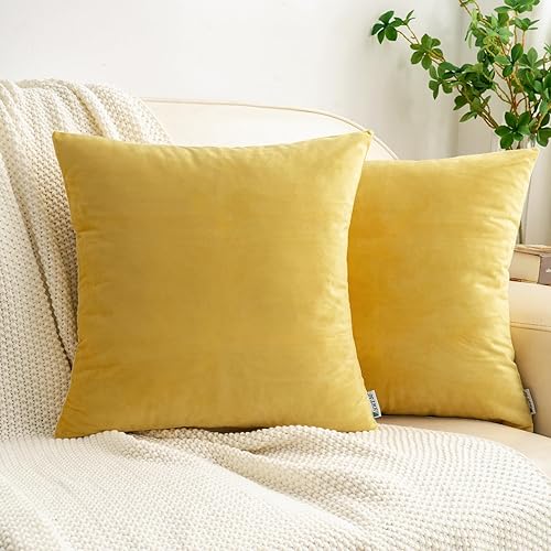 HWY 50 fundas de almohada decorativas de terciopelo sólido para sofá, sala de estar., Terciopelo, Amarillo, 18x18 pulgadass