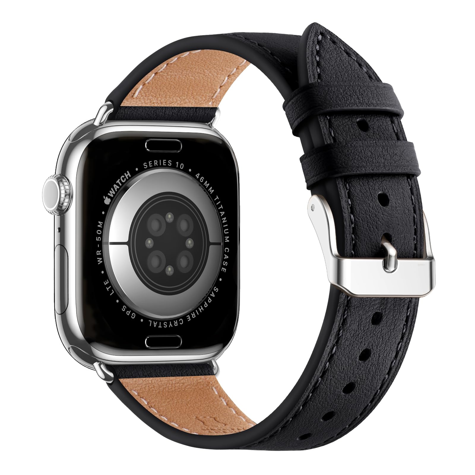 Photo 1 of Bestig Leather Bands Compatible with Apple Watch Band 49mm 46mm 45mm 44mm 42mm(Series 3 2 1) for Women Men, Strap for iWatch Ultra 3/2/1&SE3/2/1&Series 11 10 9 8 7 6 5 4(Black+Silver)