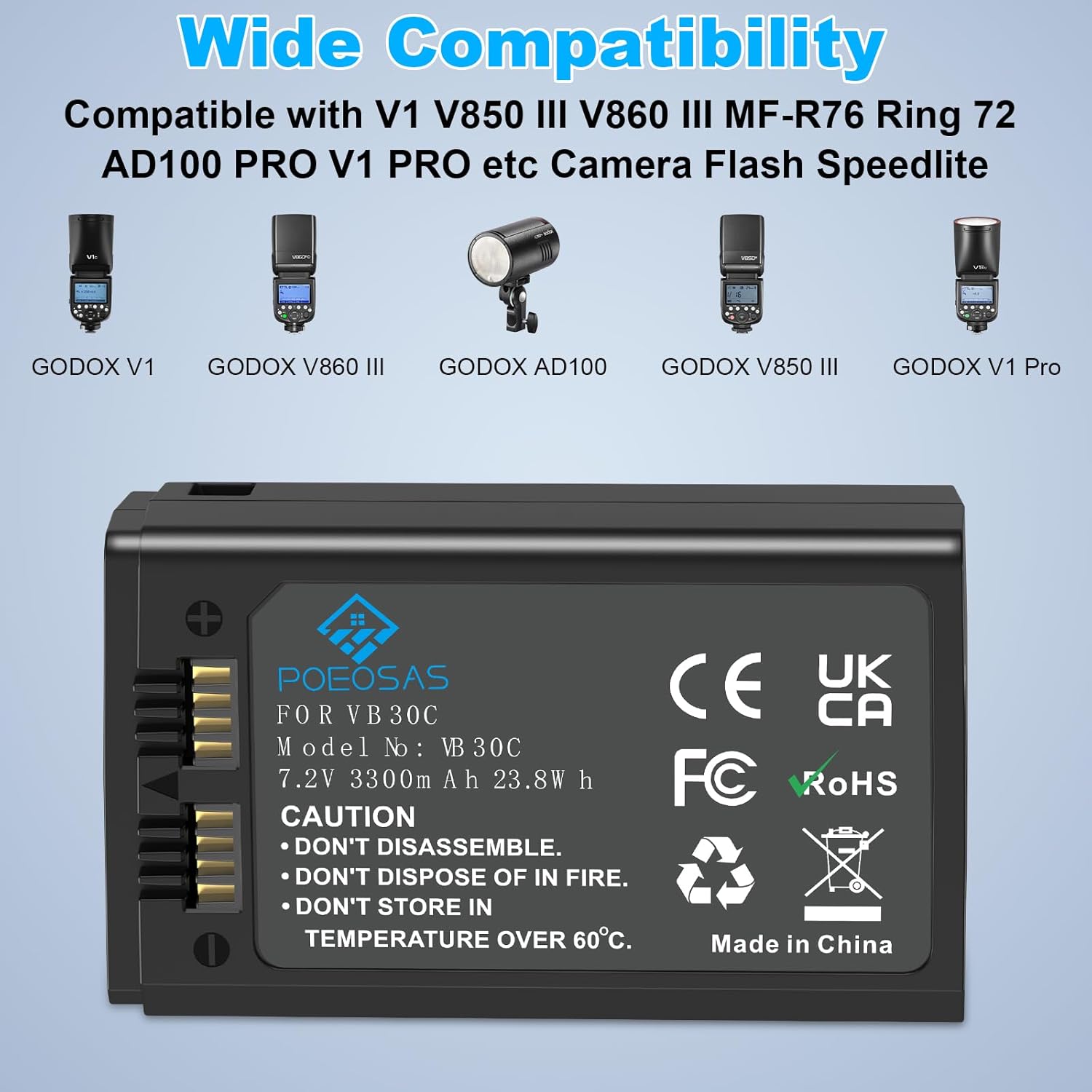 V1 Rechargeable Battery, Upgrade 3300mAh USB-C VB30/VB26 Battery Compatible with V1 V1-S V1-N V1-C V1-F V1-O Round Head Flash V860 III V860III-C V860III-F AD100 PRO Camera Flash Speedlite
