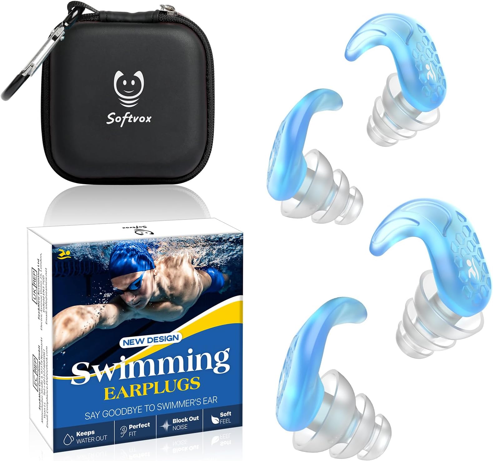 Swimming Ear Plugs, 2 Pairs Swimmers Earplugs for Adults Teens- Block Water Out, Ultra Soft, Custom Fit, Water Protection Reusable Plugs for Sailing Surfing Parasailing Diving Shower, CBU