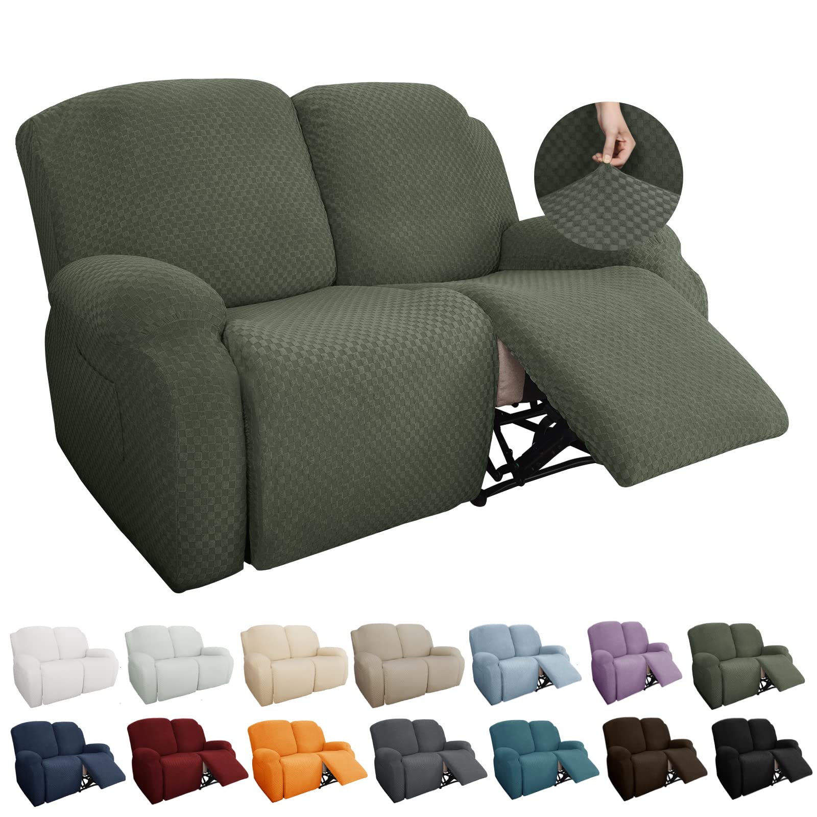 YEMYHOM 6 Pieces Stretch Loveseat Recliner Slipcover Jacquard Recliner Sofa Cover with Side Pocket Fitted Recliner Cover Couch Furniture Protector with Elastic Bottom (Medium, Army Green)
