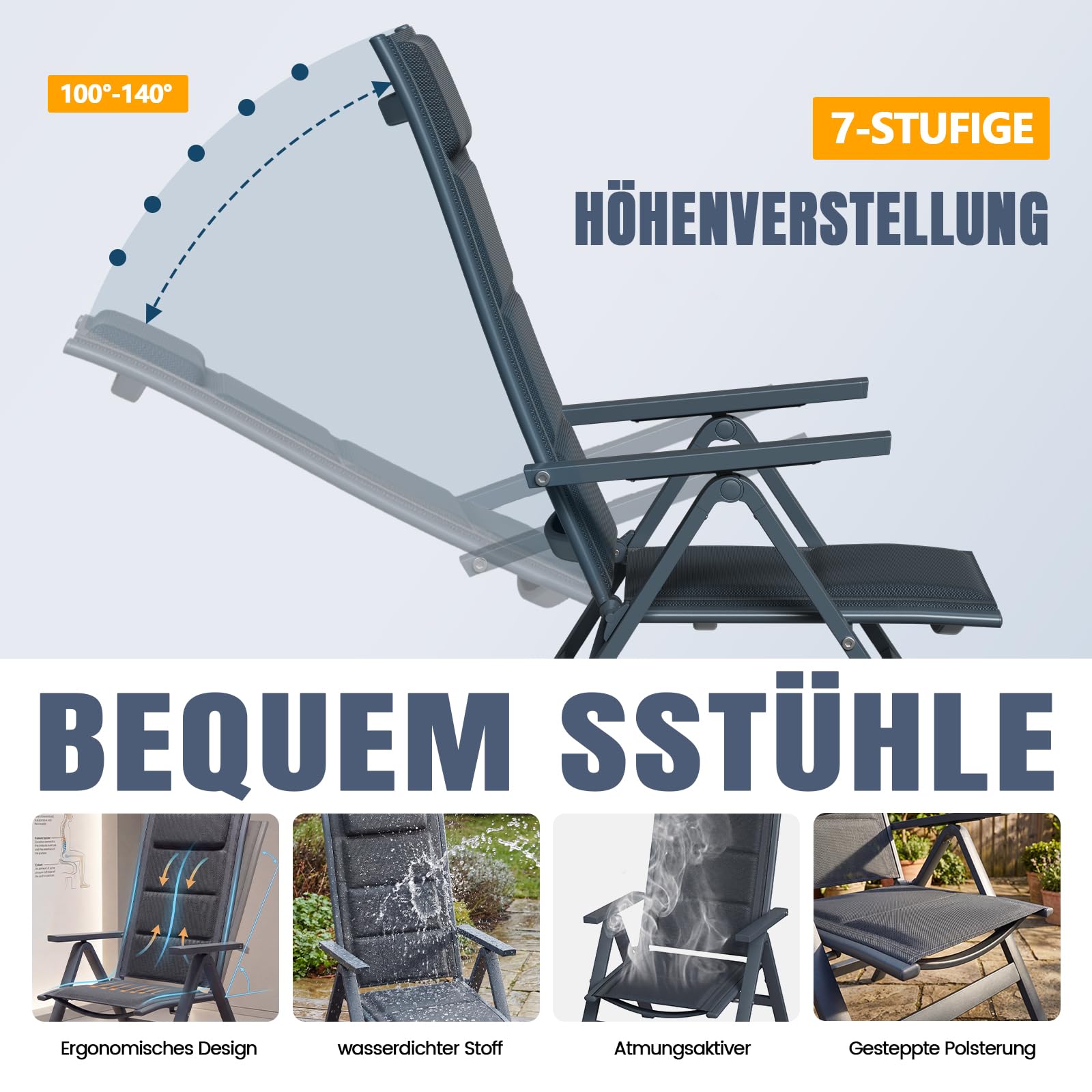Devoko Gartenstühle Klappbar Aluminium, 7-Fach verstellbar, Hochlehner, 6er Set, 160 kg