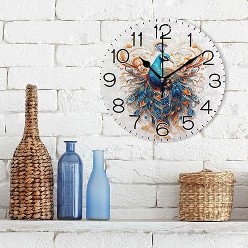 Miniatura 3 de Reloj de pared de pavo real con hermosas plumas, funciona con pilas, silencioso, de cuarzo, analógico, rústico, rústico, reloj redondo, decoración