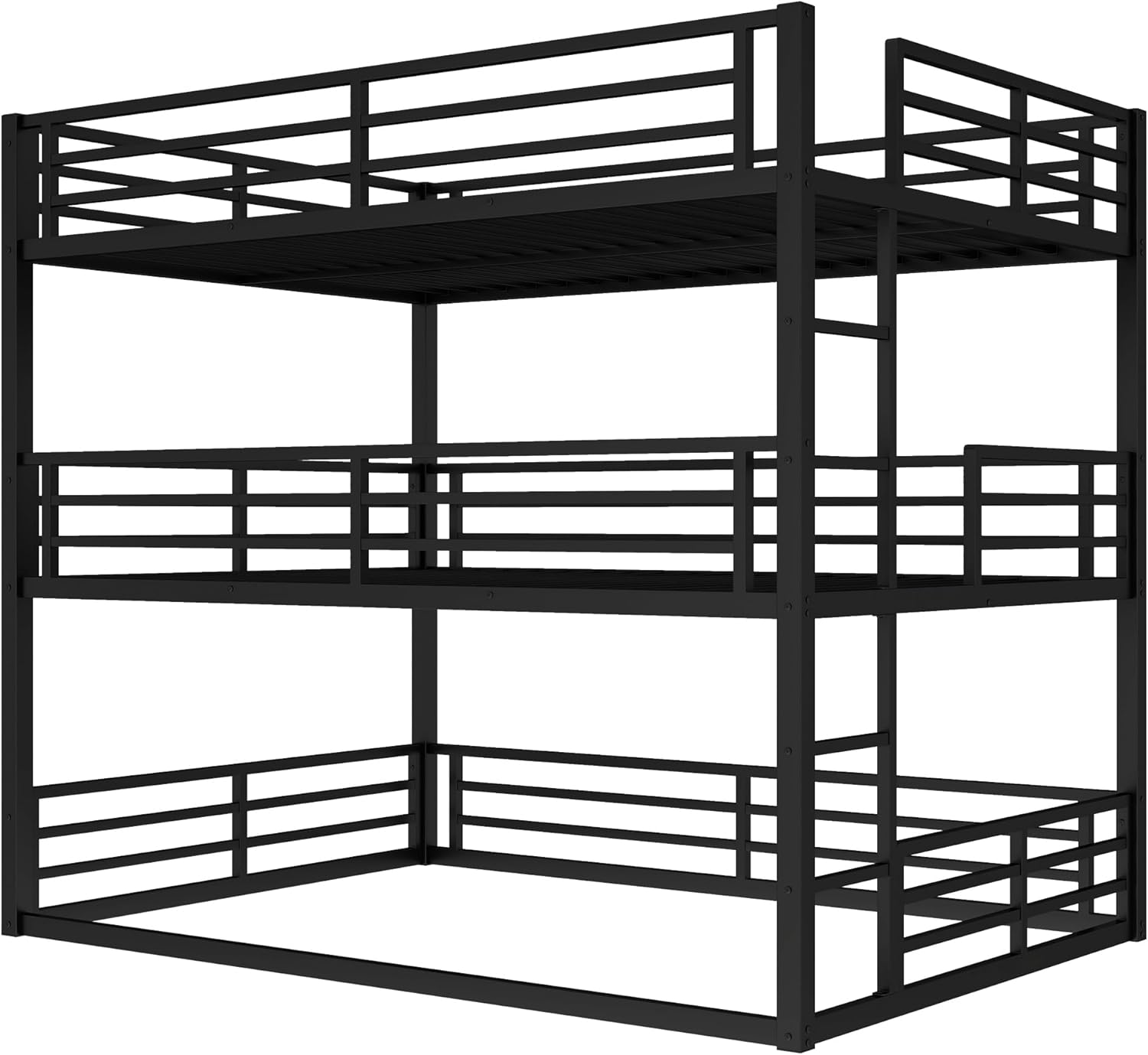 Bellemave Triple Bunk Beds for Kids Queen Over Queen Over Queen, Heavy Duty Metal Triple Bunk Bed with Mountable Ladder & Guardrails, Suitable for All Age, Bedroom, Dormitory, Black Queen over Queen over Queen Black