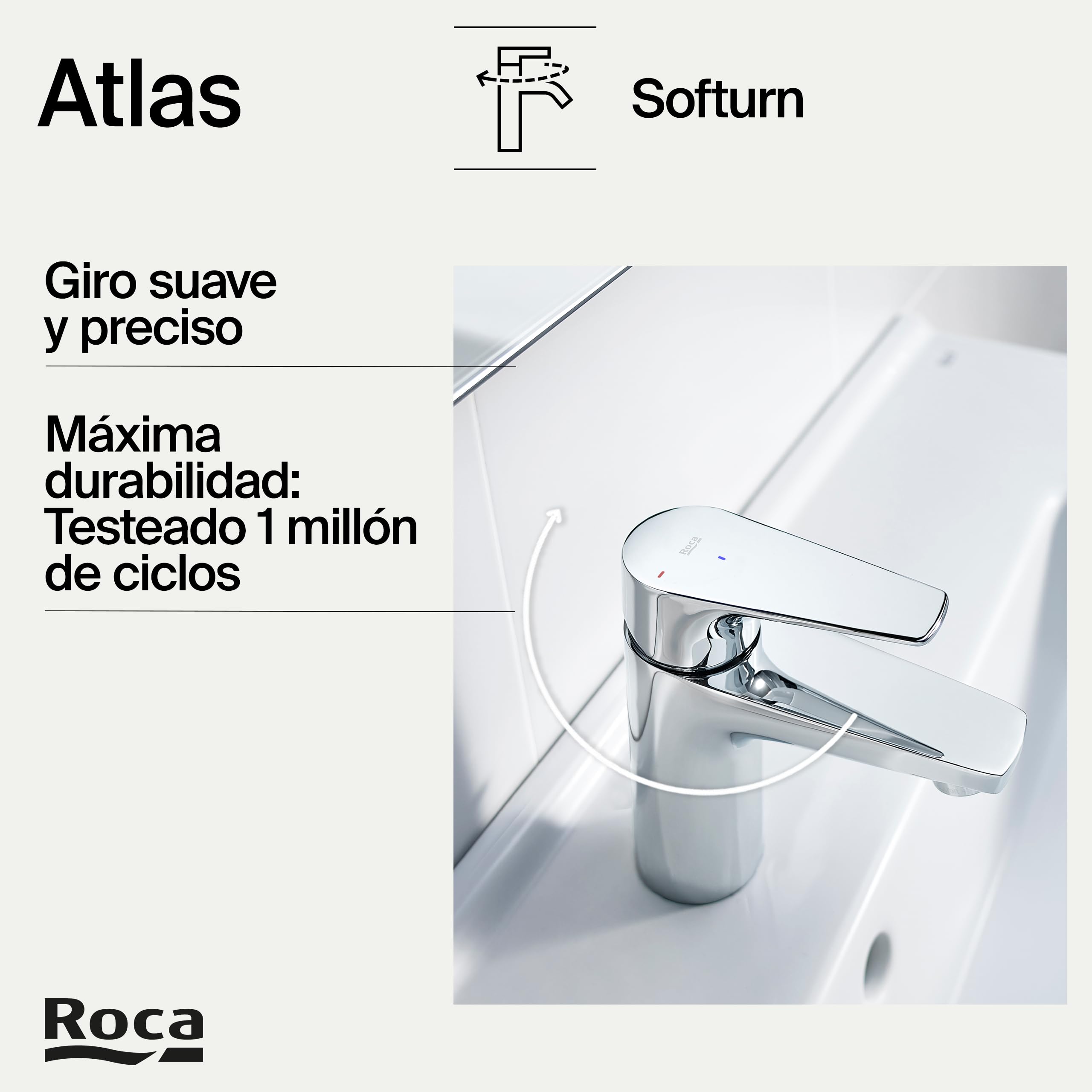 Roca Atlas Grifería para lavabo con tecnología Cold Start, grifo monomando de repisa con enlaces de alimentación flexibles, mezclador para cuarto de baño de fácil instalación, cromado, A5A3290C00