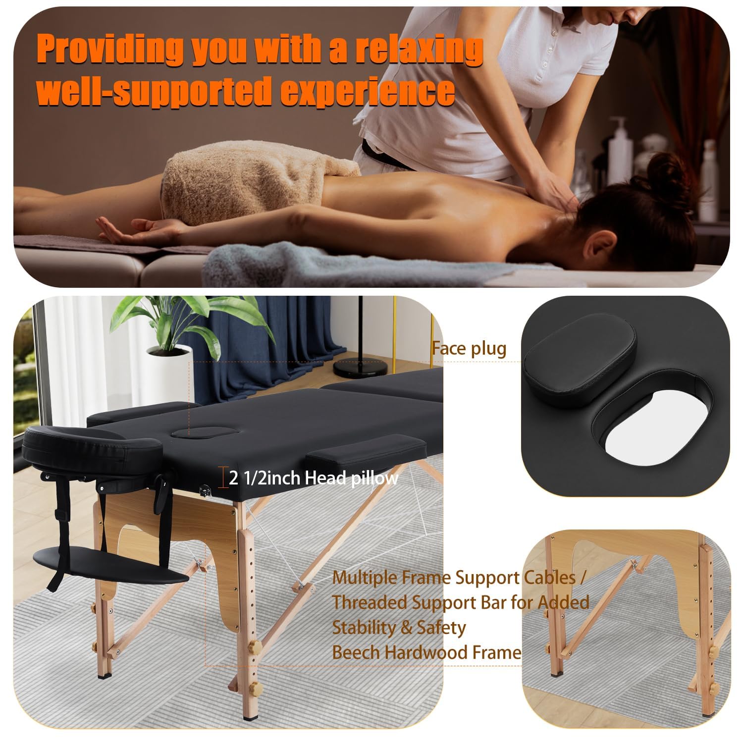 Portable Massage Table with Neck Stretcher, Adjustable Lash Bed Massage Bed Tattoo Table for Eyelash Extensions Beauty Tattoo,Black