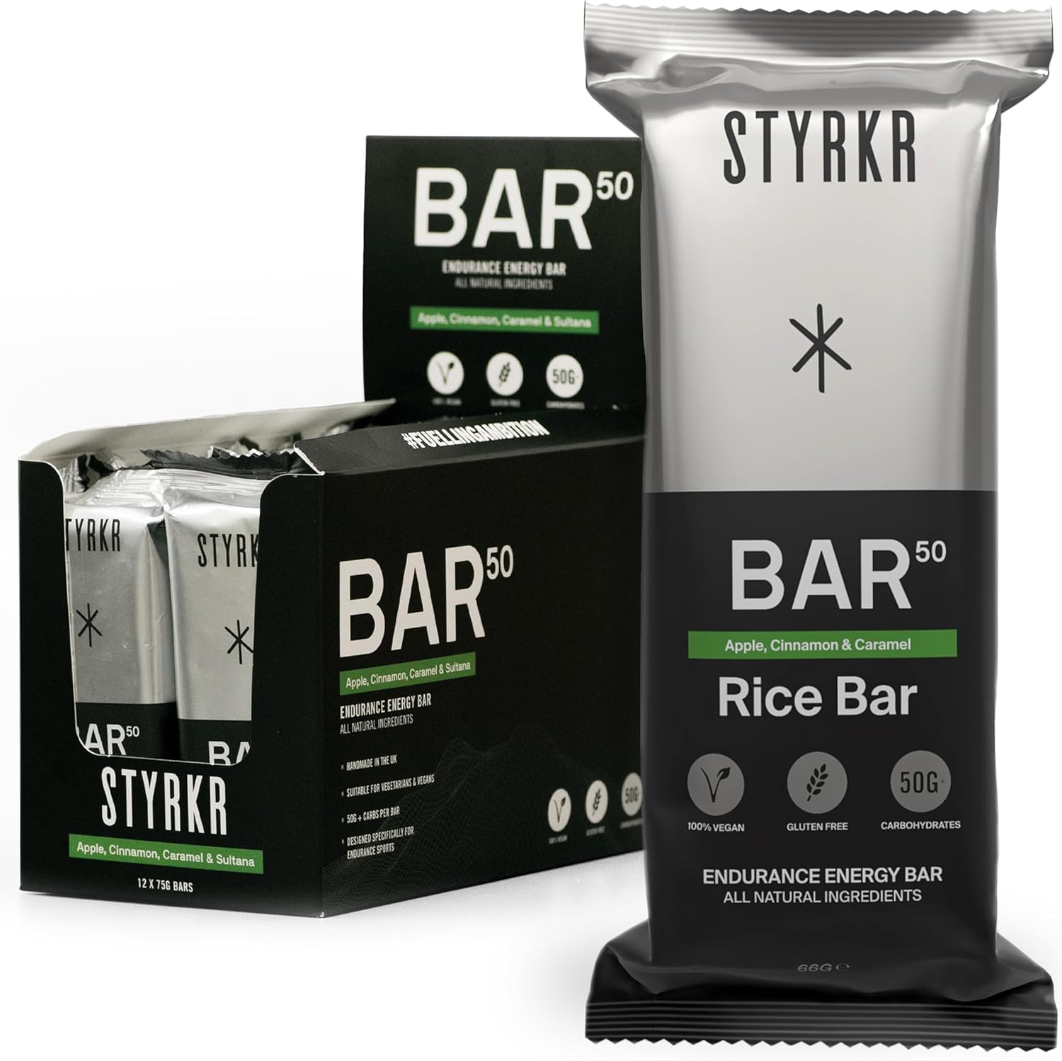 STYRKR Energy Bars - Pack of 12 Rice Bars for Cycling & Running - Apple, Cinnamon & Caramel Flavour - Approved by Endurance Athletes - 50g of Carbs via Advanced Dual-Carb Formulation - BAR50 - 12x