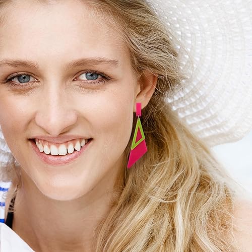 Miniatura 3 de Aretes de neón retro de los años 80 para mujer, aretes colgantes de neón triangulares acrílicos, coloridos aretes geométricos de gota, brillantes