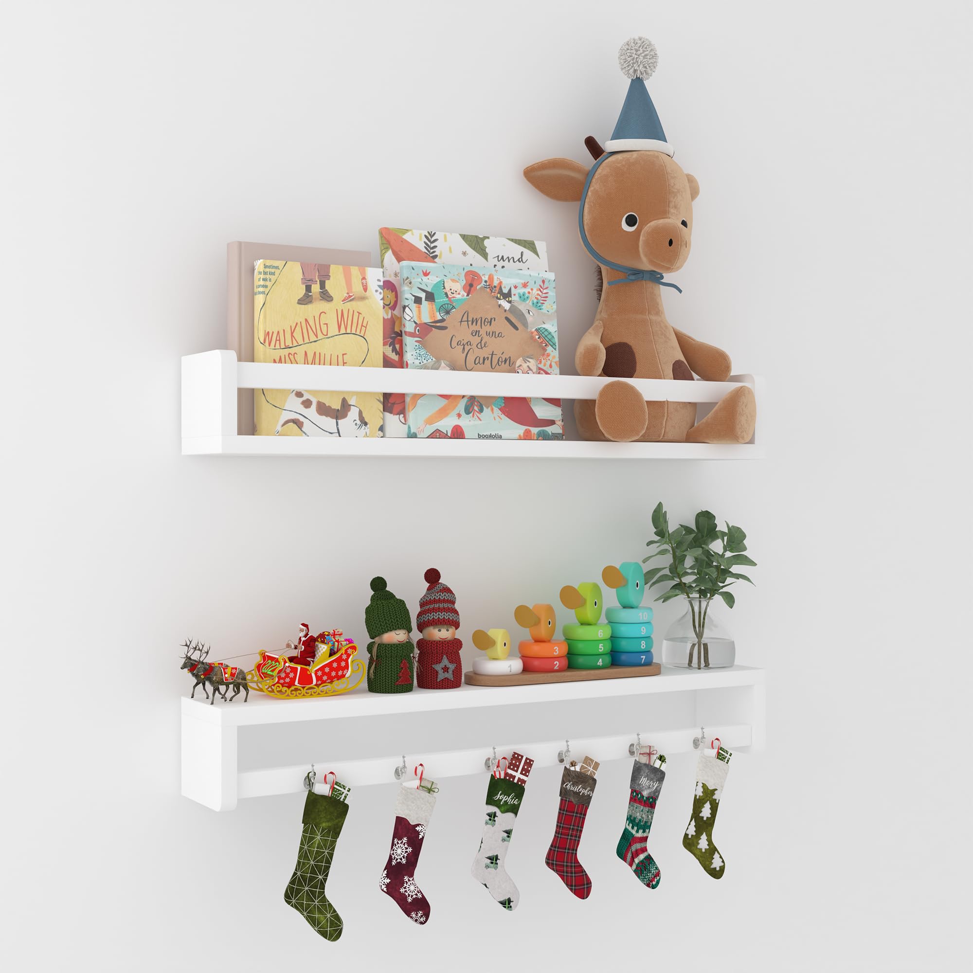 Heimlove Floating Shelves, Rustic Natural Solid Wood Wall Nursery Shelves - Book Shelves for Kids Room, Bedroom, Kitchen, Bathroom Decor (White, 24inch - 2P)