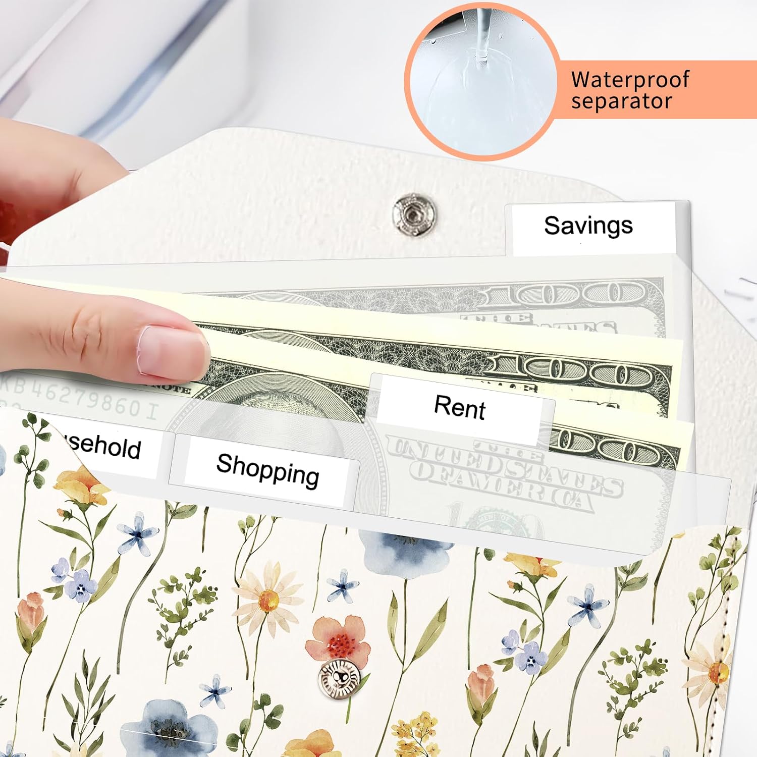 Cash Envelope Wallet, Reusable Budget Money Wallet, Cute PU Leather Money Saving Wallet with 4 Dividers & 1 Sheets Category Stickers Watercolor Wildflowers