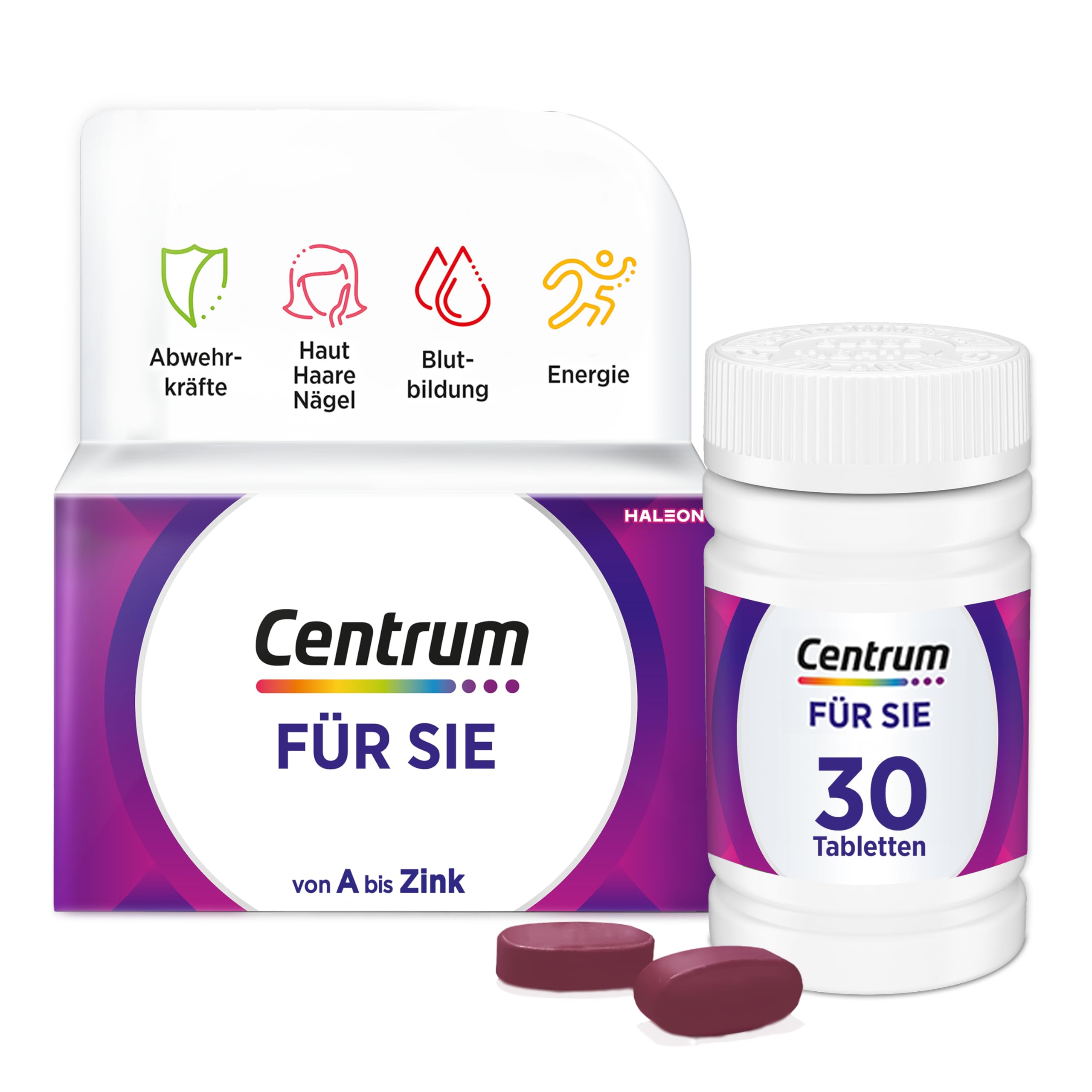 Multivitamin - Centrum Für Sie – Hochwertiges Nahrungsergänzungsmittel mit Mikronährstoffen – Speziell für Frauen – Vitamine, Mineralstoffe, Spurenelemente – 1 x 30 Tabletten