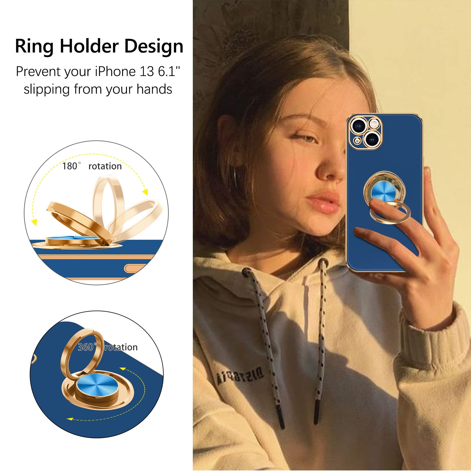 GUAGUA IPhone 13 Hülle Mit 360° Ring & Ständer – Magnetisch, Stoßfest, TPU, Schwarz/gold, Für 6,1 Zoll