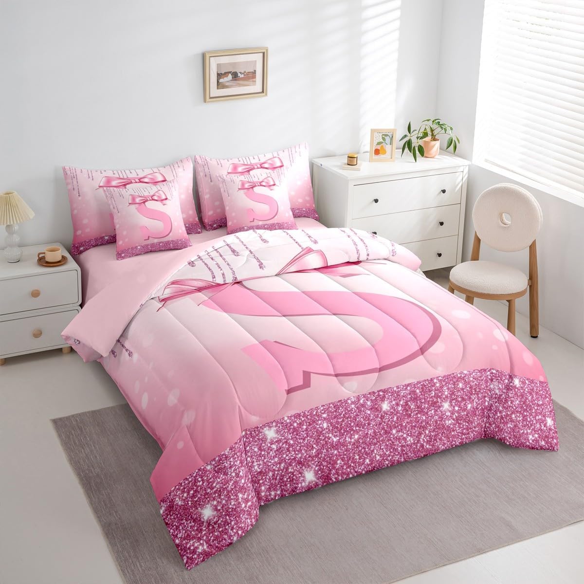 Erosebridal Kids Pink Bowknot 7 Pieces Bedding Set Full Size, Customized Initial S Bed in A Bag Princess Glitter Comforter Set with Sheets Teen Girl Bow Alphabet Bed Set Bedroom Letter Birthday Gifts