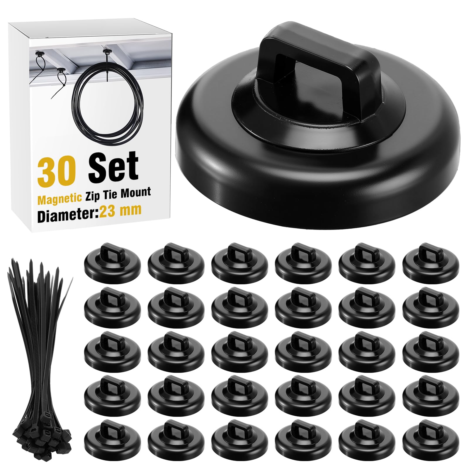 Leinuosen 30 Set Magnetic Zip Tie Mount and Nylon Cable Ties, 23 mm Multipurpose Wire Cable Holder Mount Wire Clips Management Electrical Organization Supplies (Black)