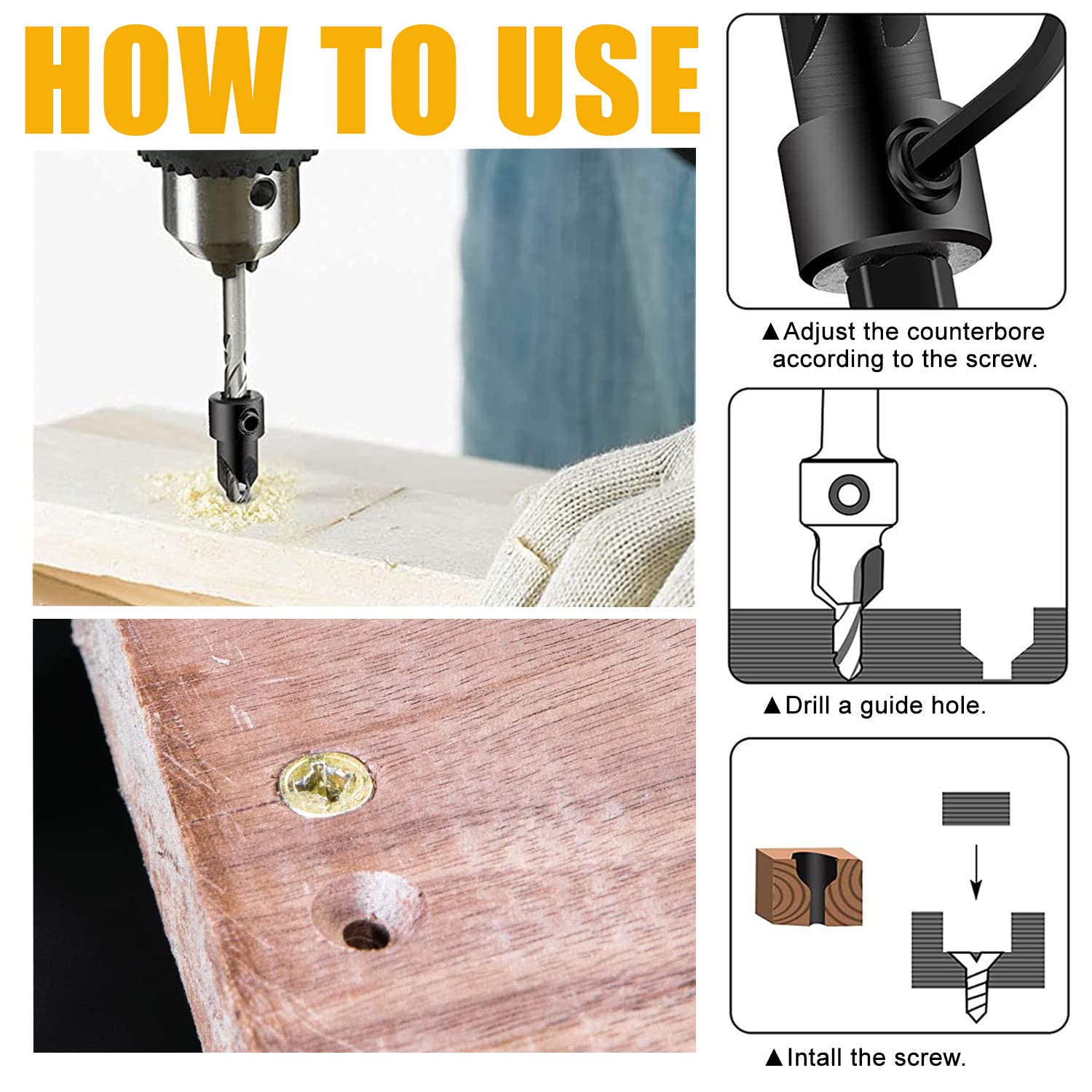 Newdeli 9pcs Wood Countersink Drill Bit Set 1/4" Quick Change Shank - 5Pc Adjustable Countersink Bit #8(11/64") - 2 Extra 11/64 Tapered Drill Bits - 1 Adjust Collar - 1 Wrench, Pilot Screw Hole Set