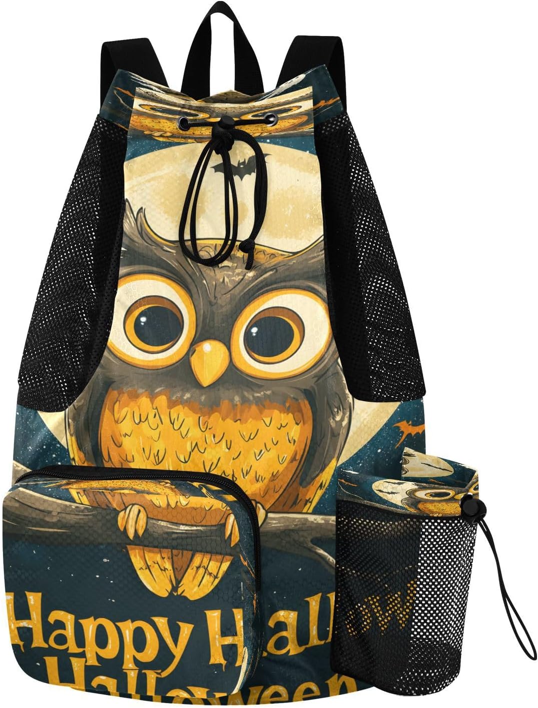 Mesh Gym Swimming Bags for Men & Women, Halloween Cute Owl Tree Moon Large Drawstring Backpack with Dry-Wet Pocket, Lightweight Gym Bag for Sports, Travel, Beach, Workout Gear