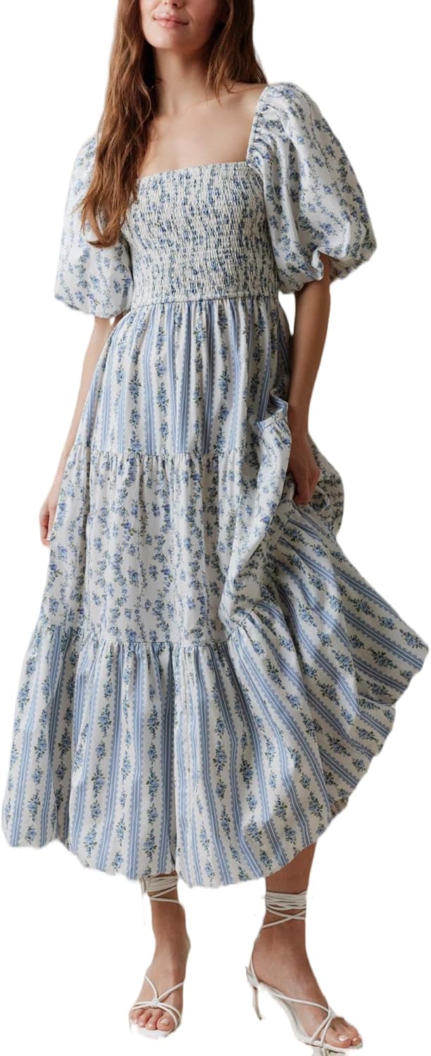 LILTWIST Women Patchwork Long Floral Dress Y2k Smocked Puff Sleeve Maxi Dress 2025 Boho Summer Tiered Vacation Flowy Sundress