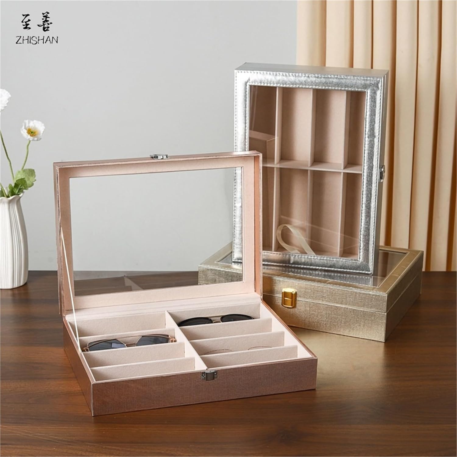 Eyewear Display Case, Eyeglass Sunglass Organizer See-through Display Case Multiple Pairs Glasses Jewelry Box Multi-Eyewear Storage Holder(Rose Gold)