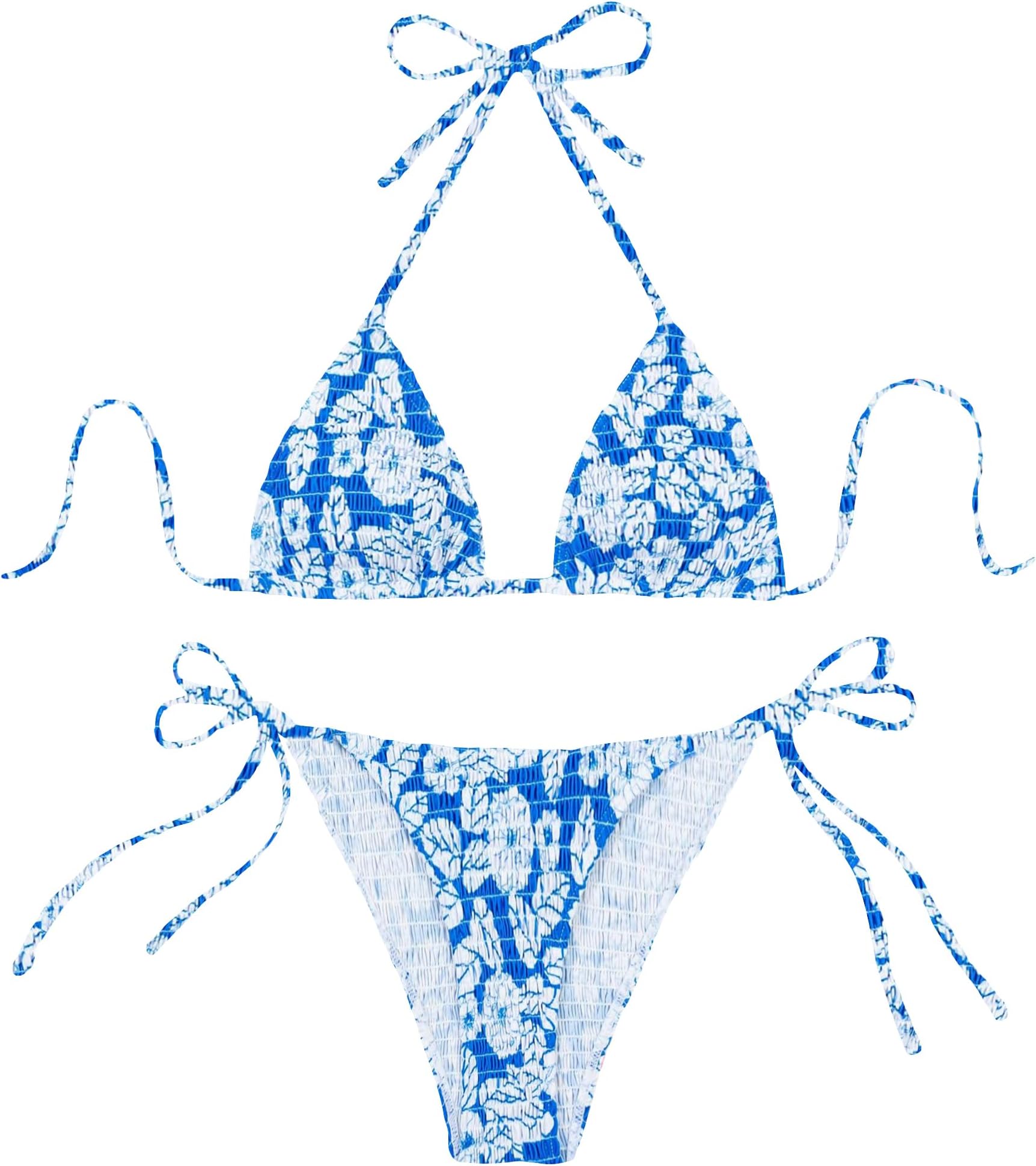 MakeMeChic Women's Halter Tie Side Triangle Bikini Set high Cut 2 Piece Bikini Swimsuit Bathing Suit, Blue/White, Small