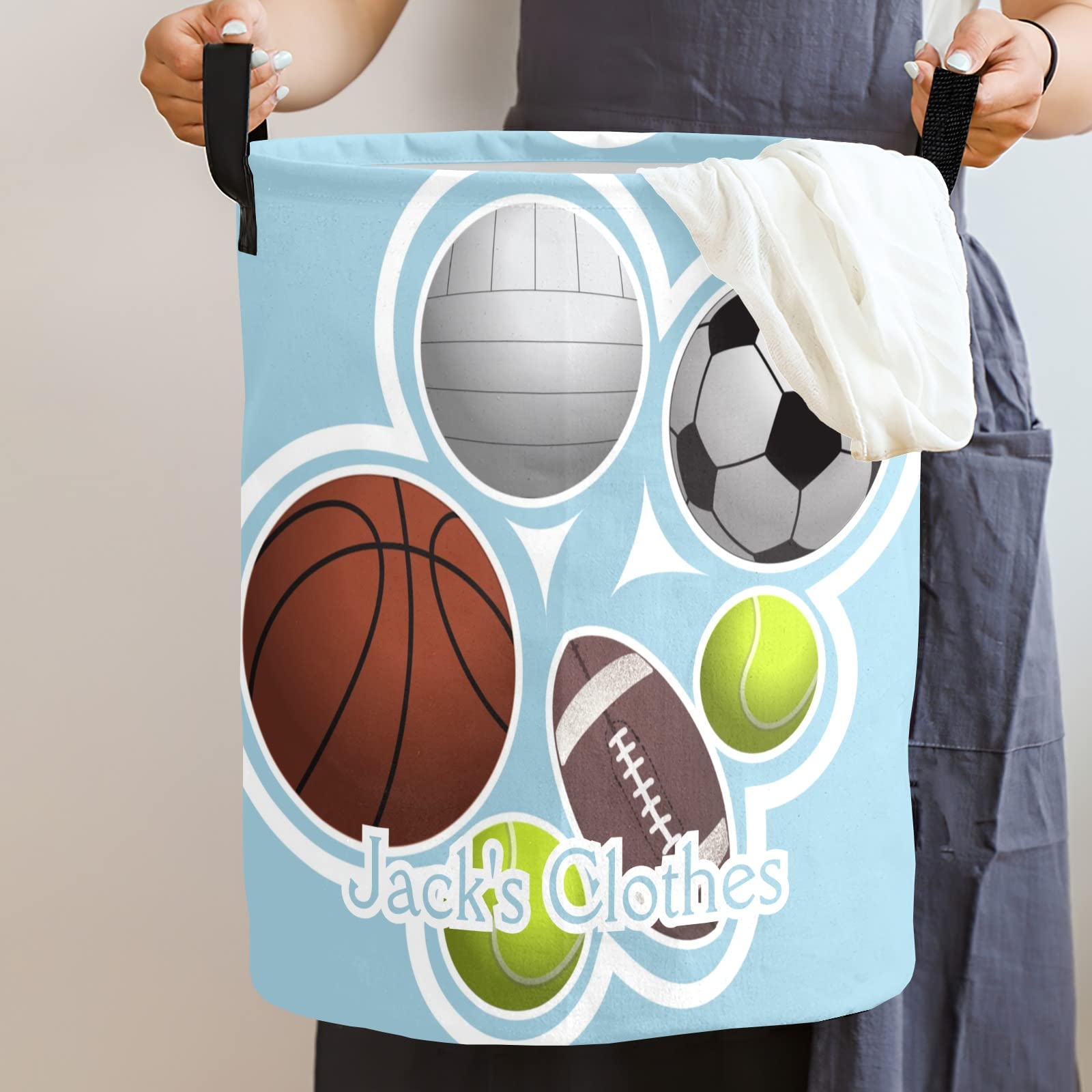 Ball Sport Personalized Freestanding Laundry Hamper, Custom Waterproof Collapsible Drawstring Basket Storage Bins with Handle for Clothes