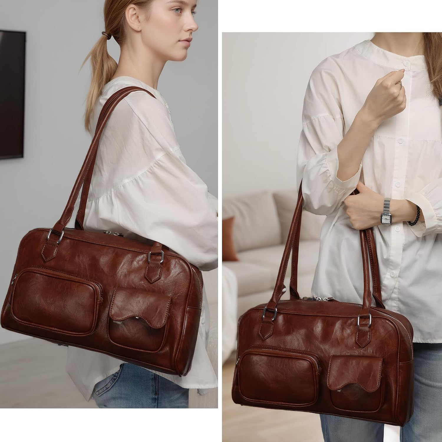 Swing Zip Shoulder Bag for Women Y2K Large Retro Boston Handbag Lightweight Vegan Purse - Image 2